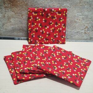 Fabric Coasters Mug Rugs Set of 6 Cotton Red Floral